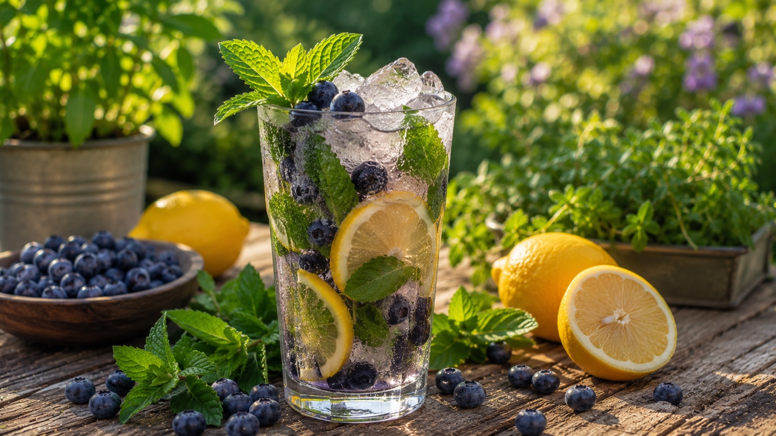 A Blueberry Lemon Mint Mojito with muddled blueberries and fresh mint over ice