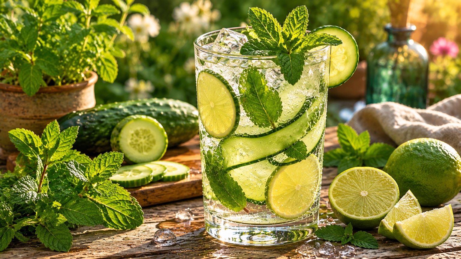 A Cucumber Mint Gin and Tonic in a highball glass with cucumber ribbons and fresh mint