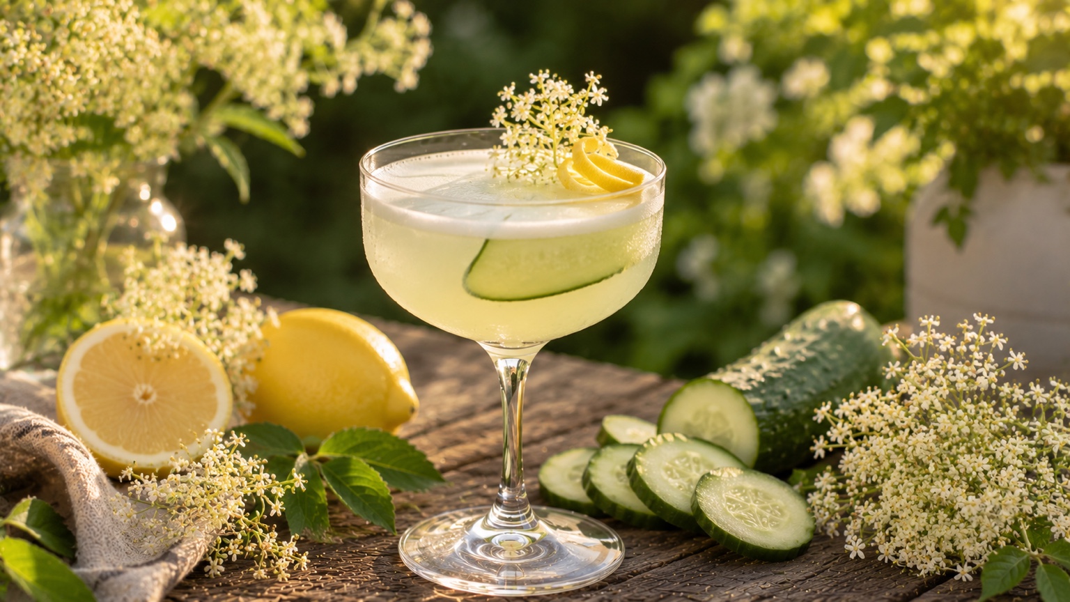 An Elderflower Cucumber Gin Fizz in a Collins glass with cucumber slices and a floral garnish
