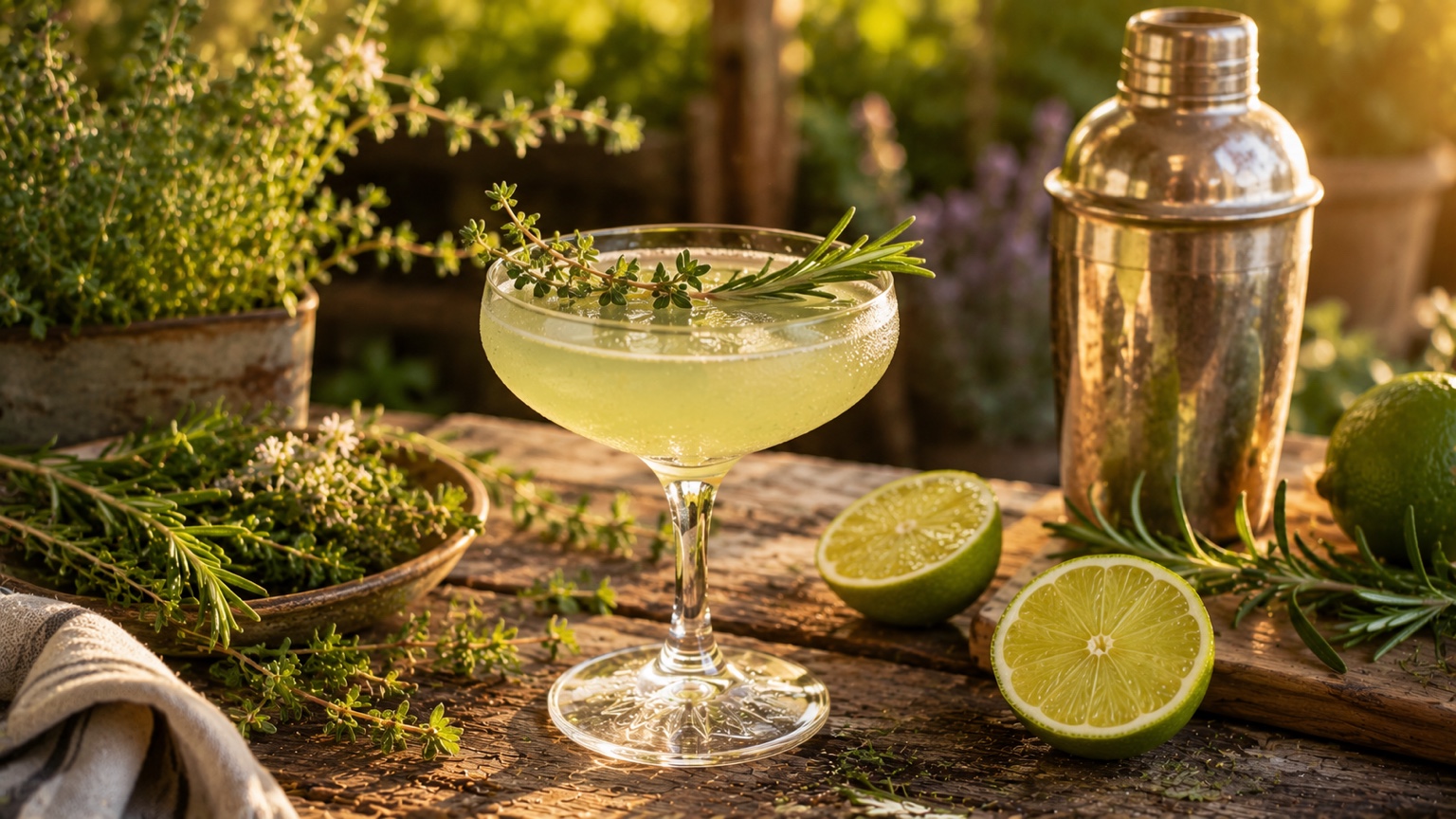 A Garden Herb Gimlet in a coupe glass with a fresh herb garnish from the garden