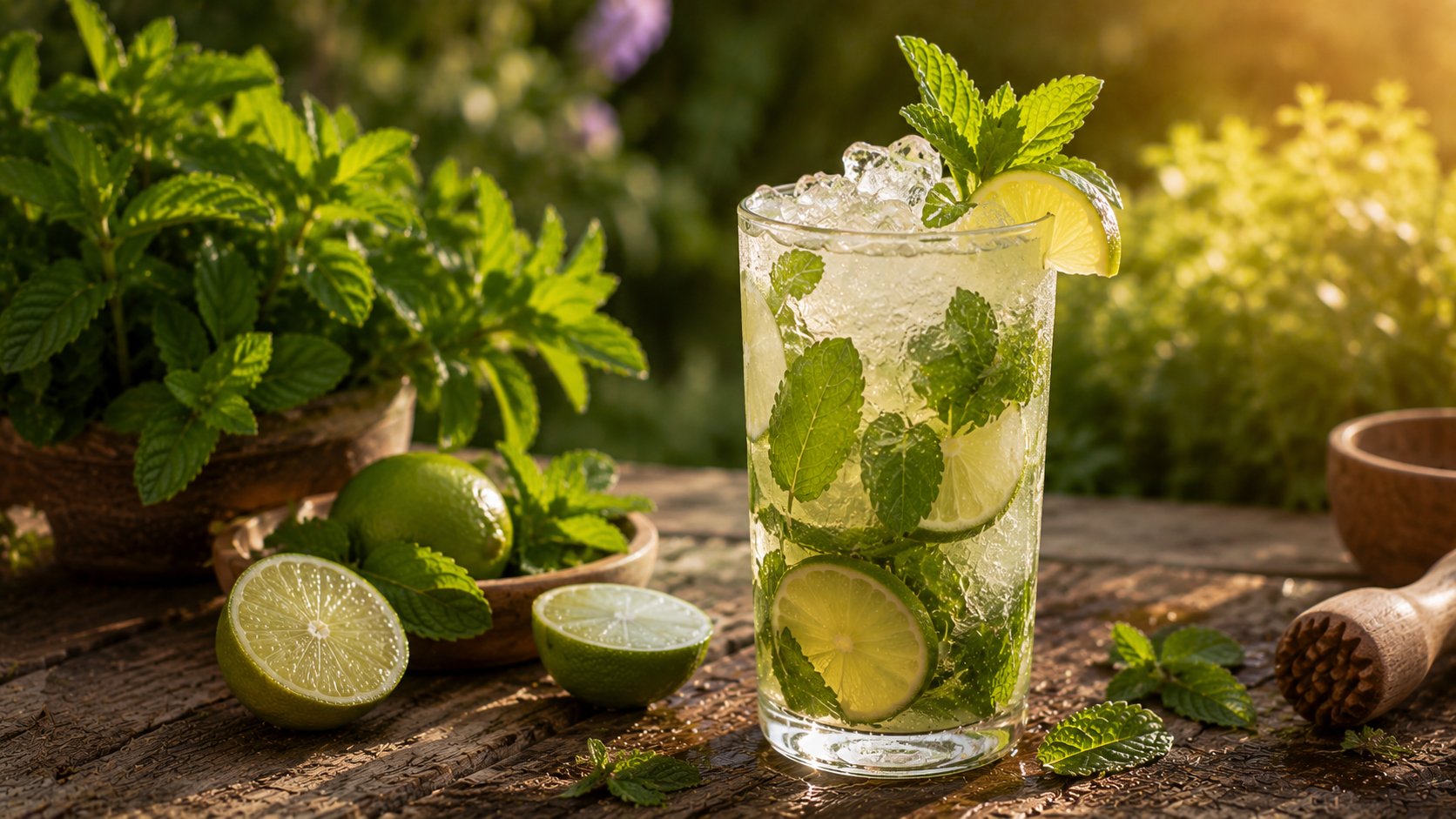 A Garden Mojito in a highball glass with fresh spearmint garnish