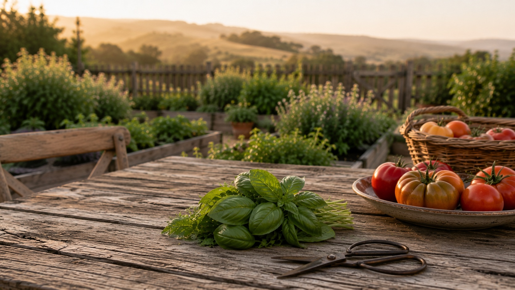 Freshly harvested basil stems, tomatoes, a harvest basket, and vintage garden shears resting on a weathered outdoor table