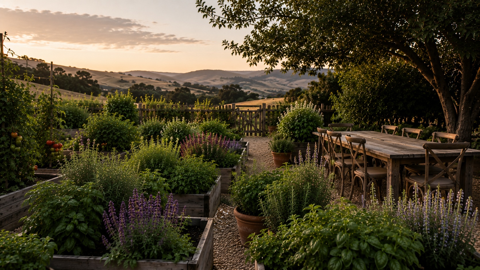 Expansive Northern California garden with basil, tomatoes, lavender, herbs, raised beds, rolling hills, and a rustic outdoor table ready for gathering
