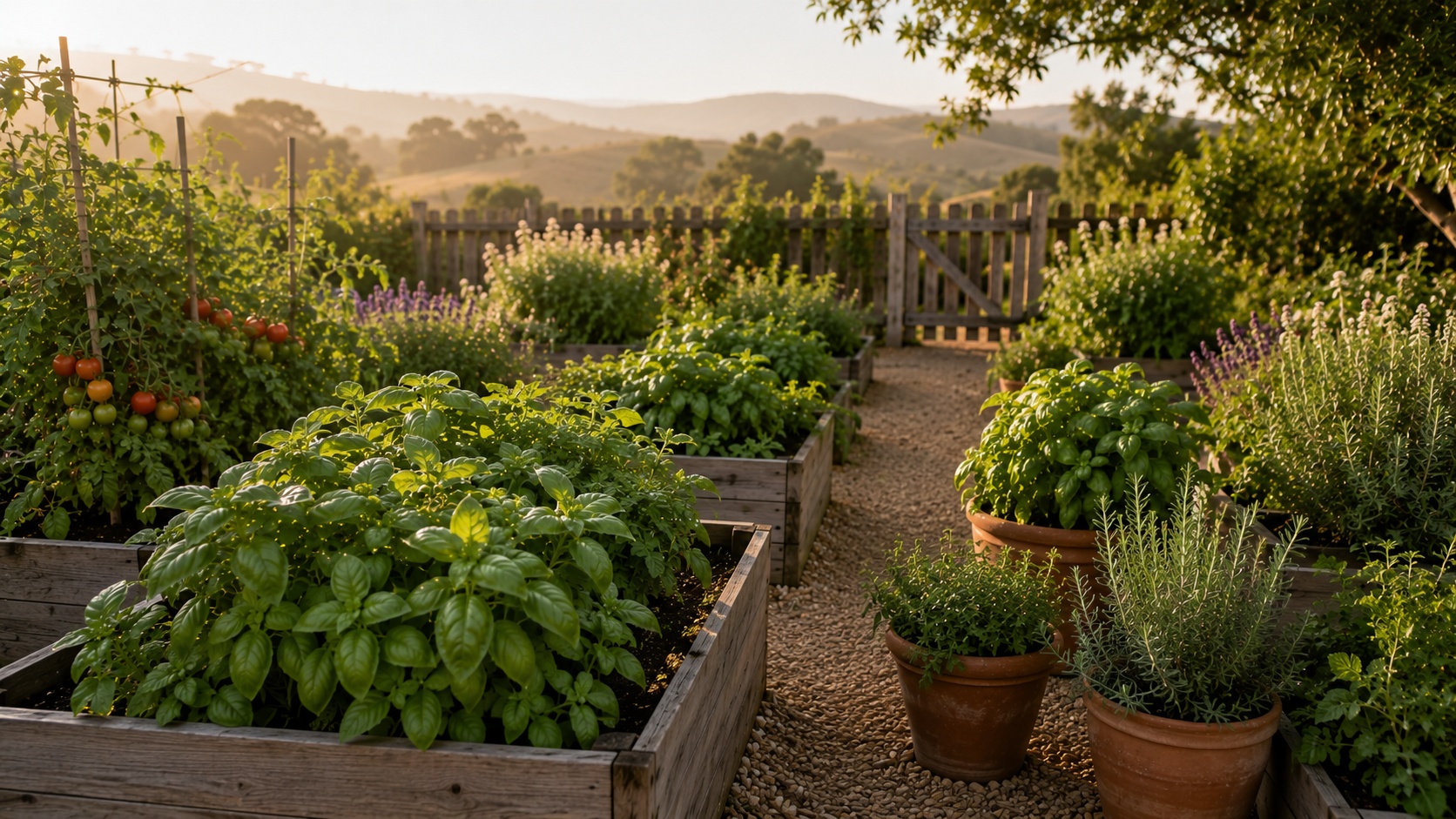 Lush basil plants growing in raised beds and terracotta containers with tomatoes, gravel paths, and rolling hills beyond