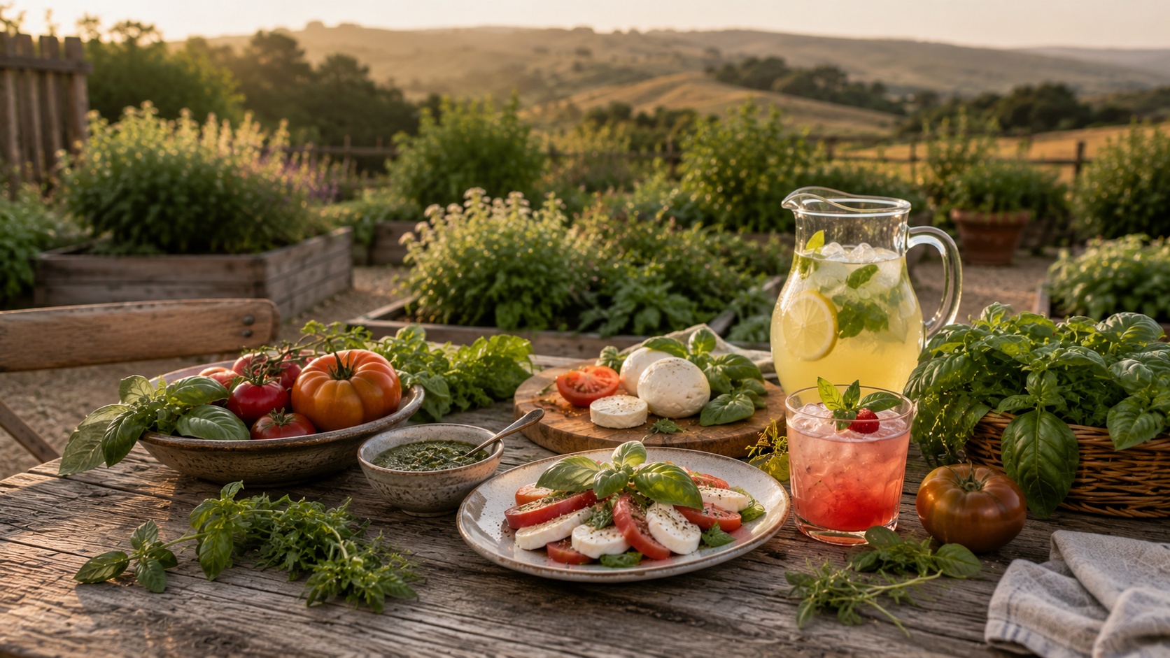 Caprese salad, pesto, basil lemonade, a strawberry basil cocktail, fresh tomatoes, and basil on a rustic outdoor garden table