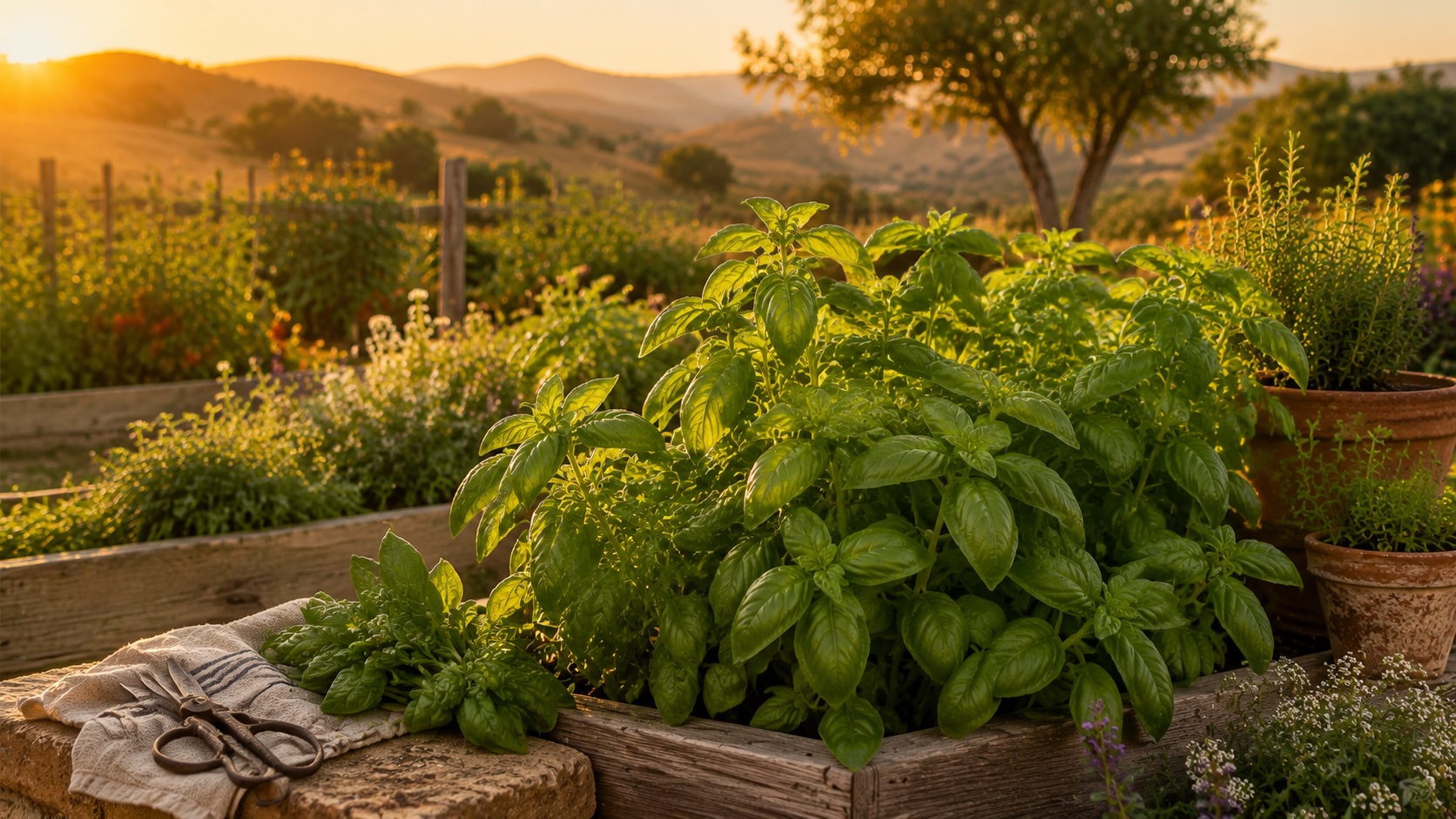 Fresh basil growing in the garden