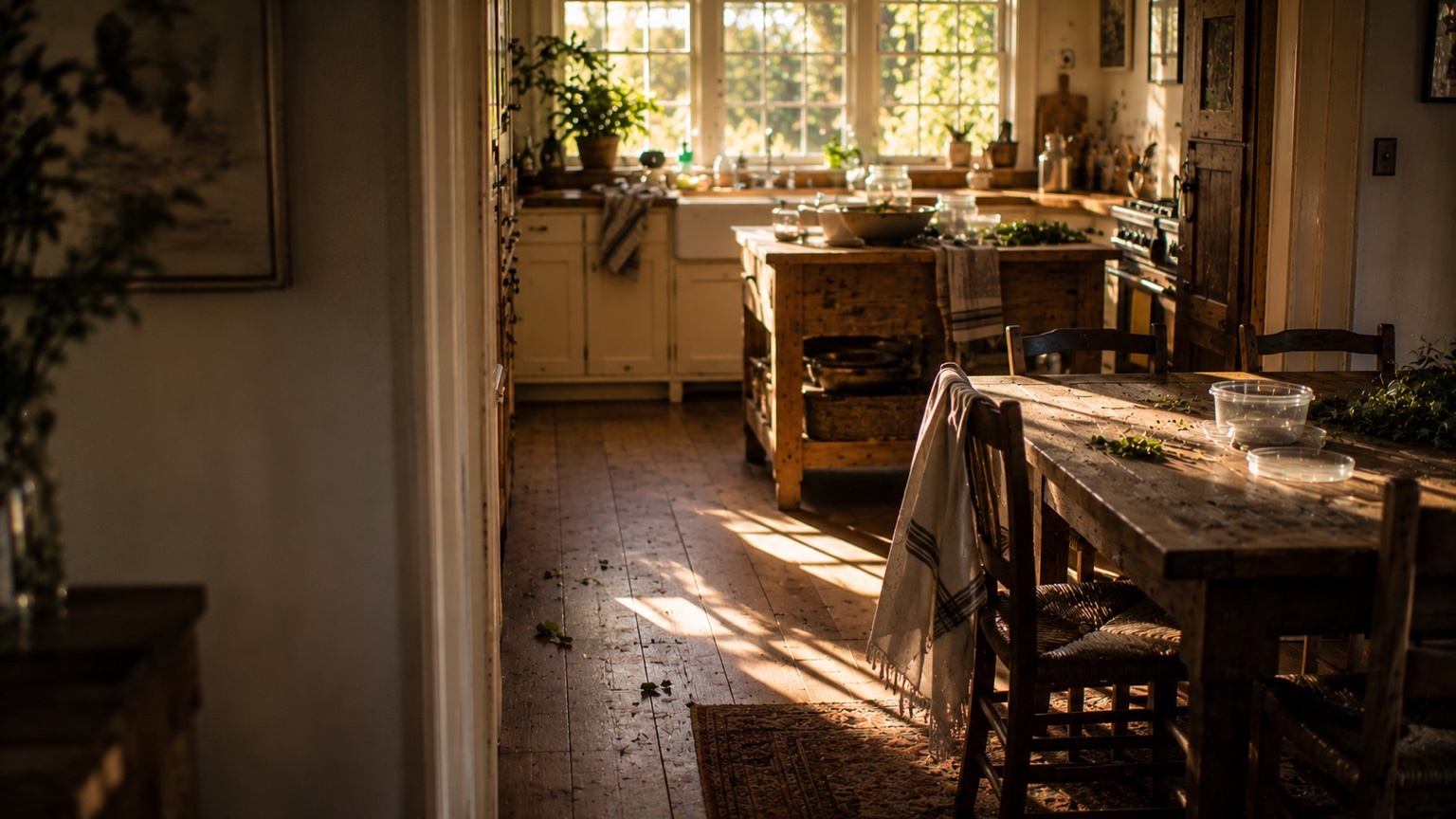 Warm rustic farmhouse kitchen after an afternoon of basil preserving, with scattered basil leaves, containers, and late August sunlight