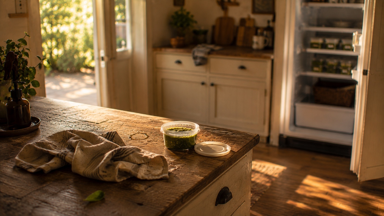 A quiet late-afternoon kitchen after basil preserving is finished, with a small pesto container, a wrinkled towel, a water ring, and an open freezer softly in the background