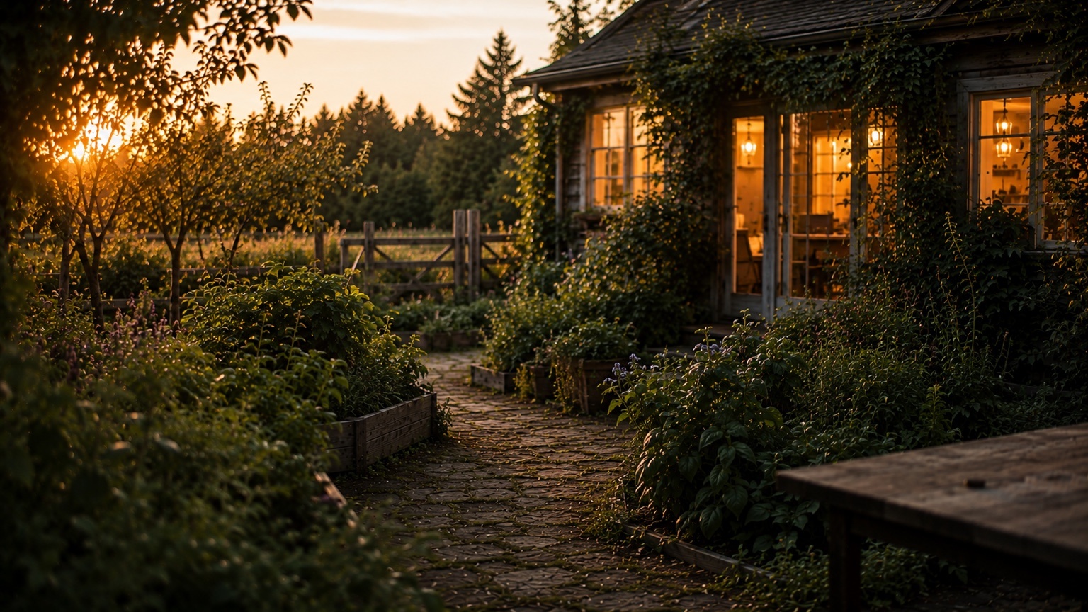 Warm summer evening garden path leading toward a glowing farmhouse after dinner, with raised beds and herbs in the last light