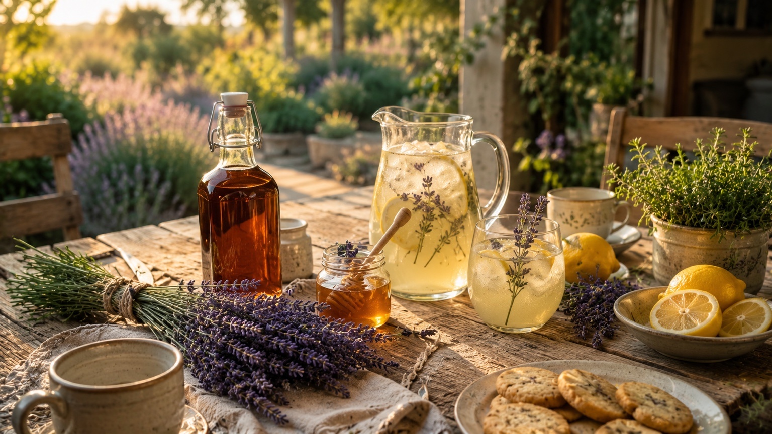 Fresh lavender bundles, an amber syrup bottle, lavender lemonade, lemons, honey, tea cups, and cookies on a rustic patio table