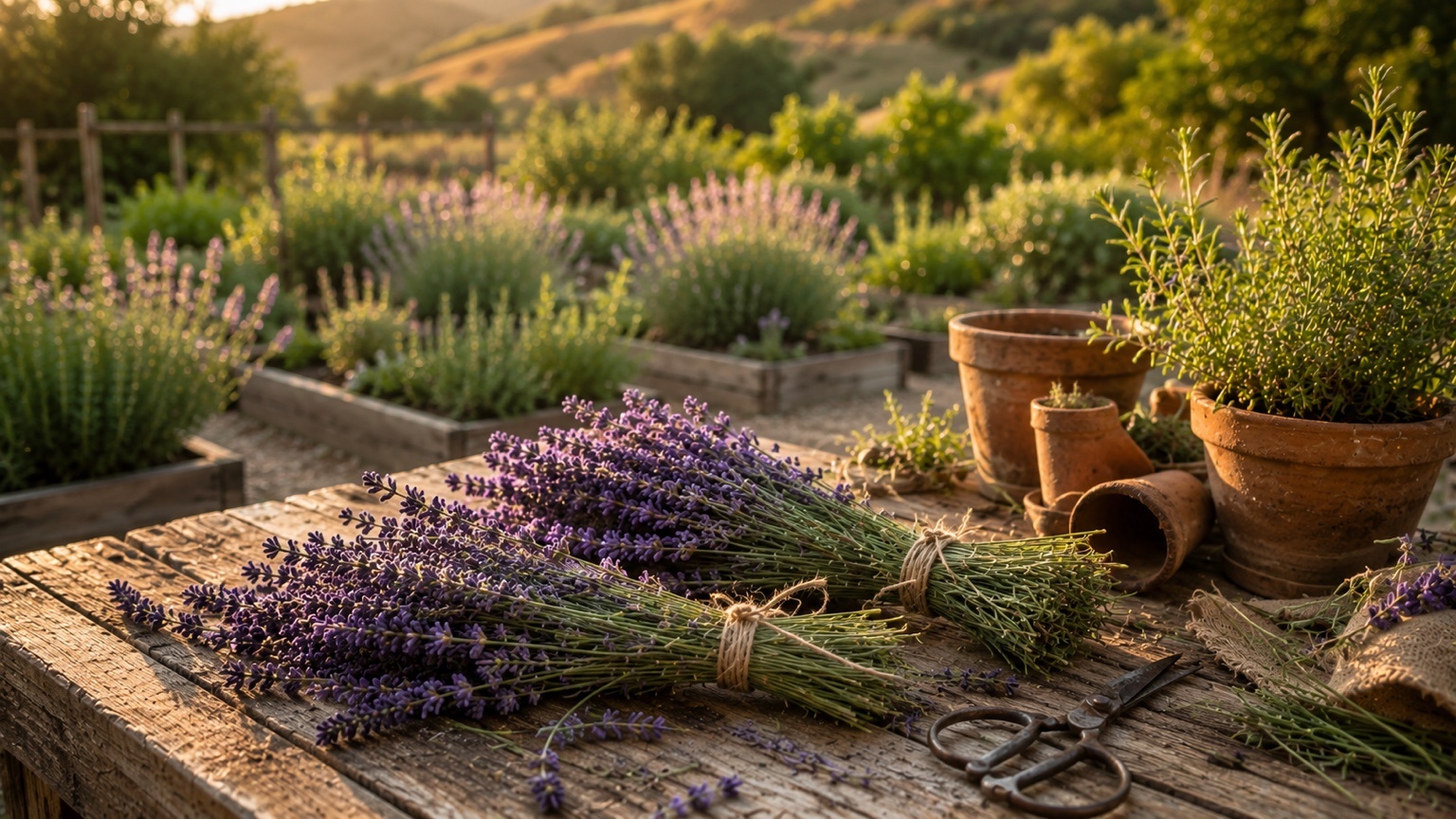 Freshly harvested lavender bundles tied with twine on a rustic potting table with terracotta pots and garden shears