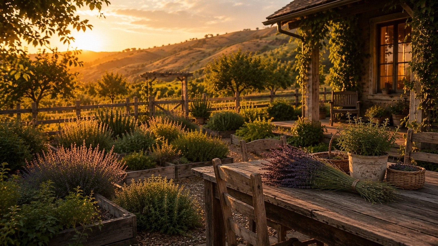 Rows of lavender and a rustic table near herb beds during golden hour.