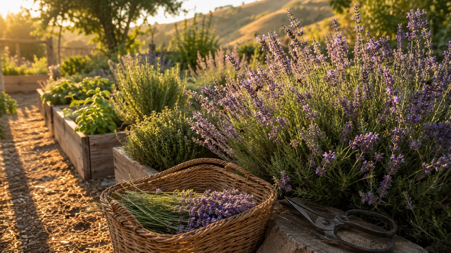 Blooming lavender beside raised herb beds with a woven harvest basket and garden shears in warm golden light