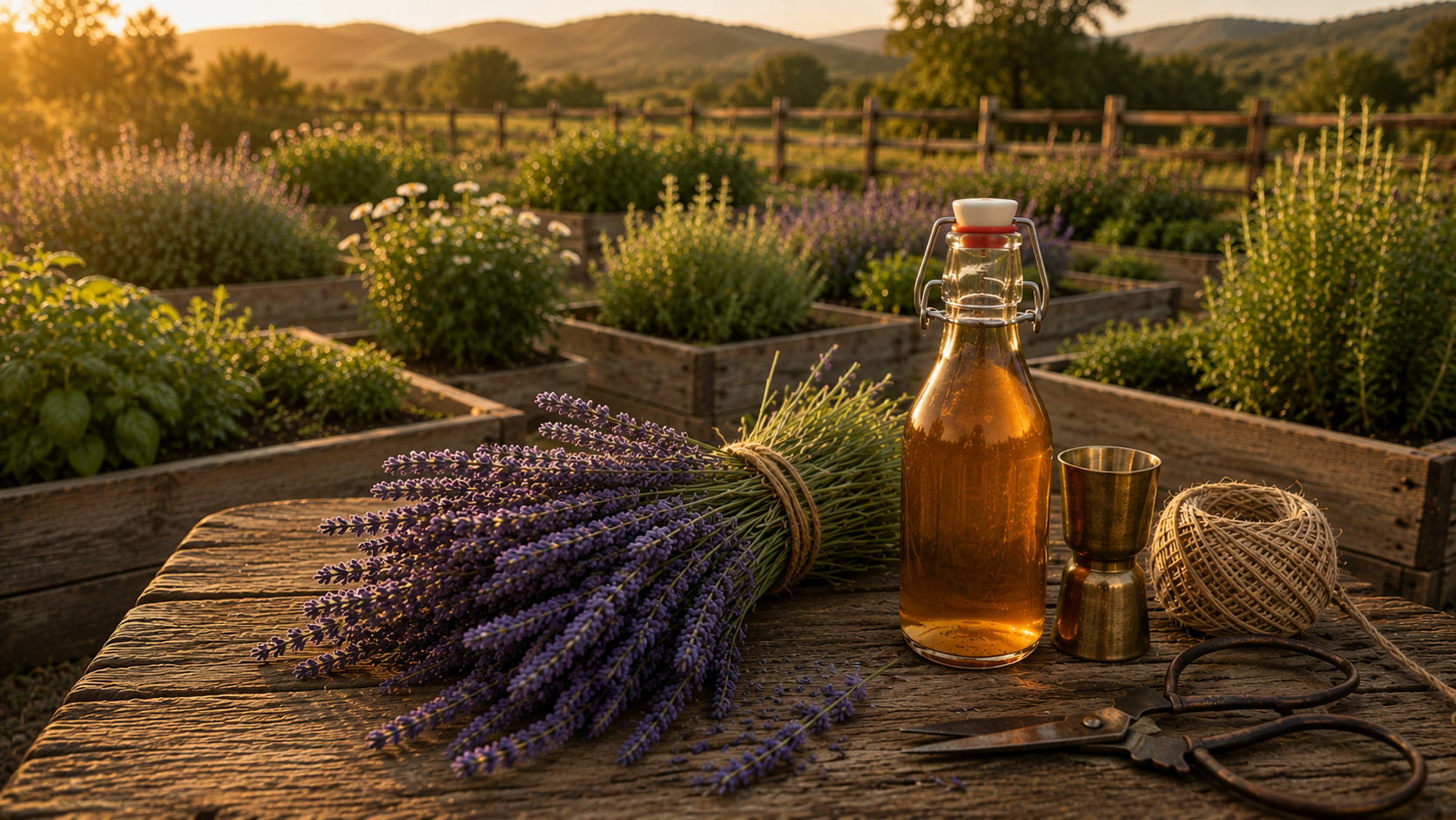 Fresh lavender bundles and lavender growing in the garden