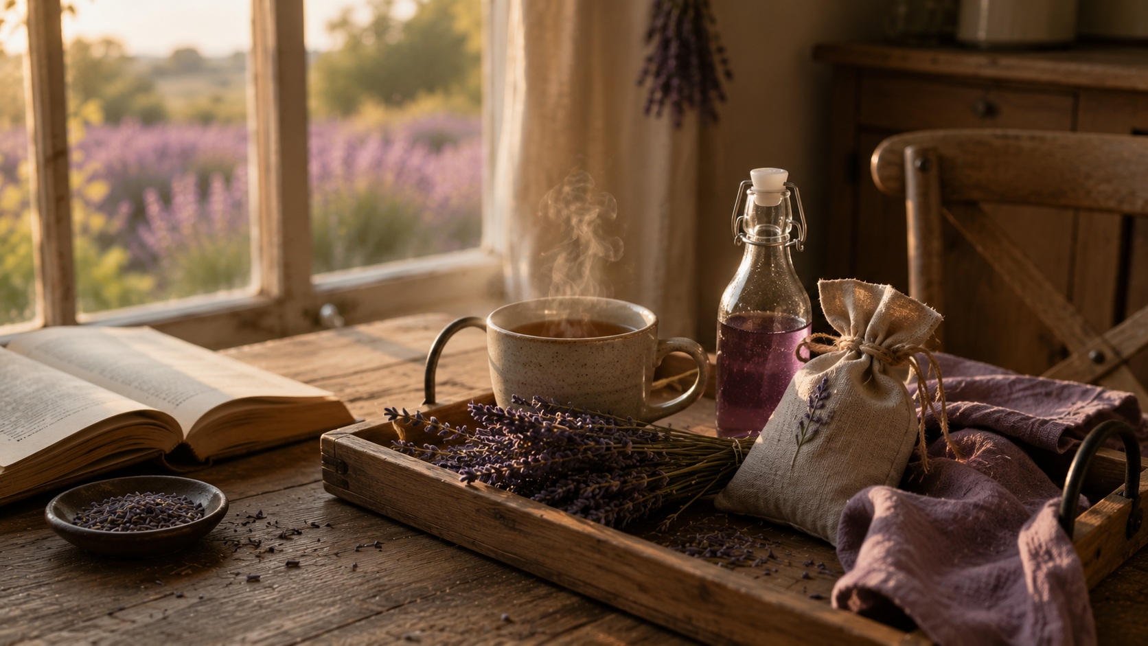 Dried lavender with tea, linen, syrup, and simple farmhouse details