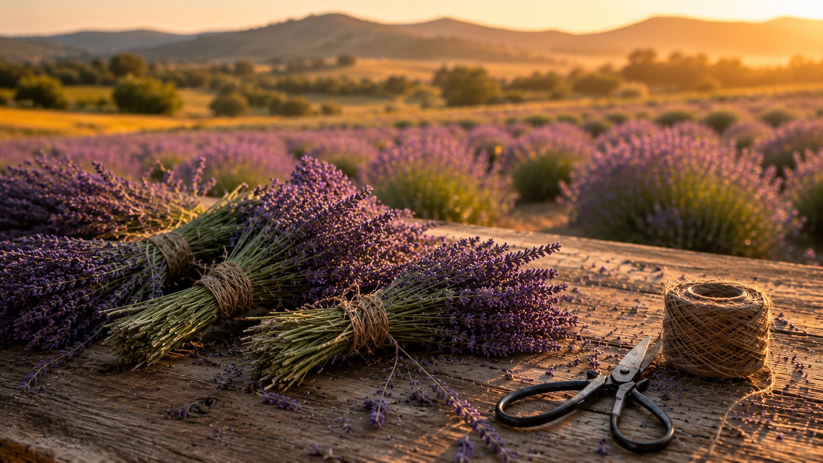 Fresh lavender bundles harvested from the garden in warm evening light