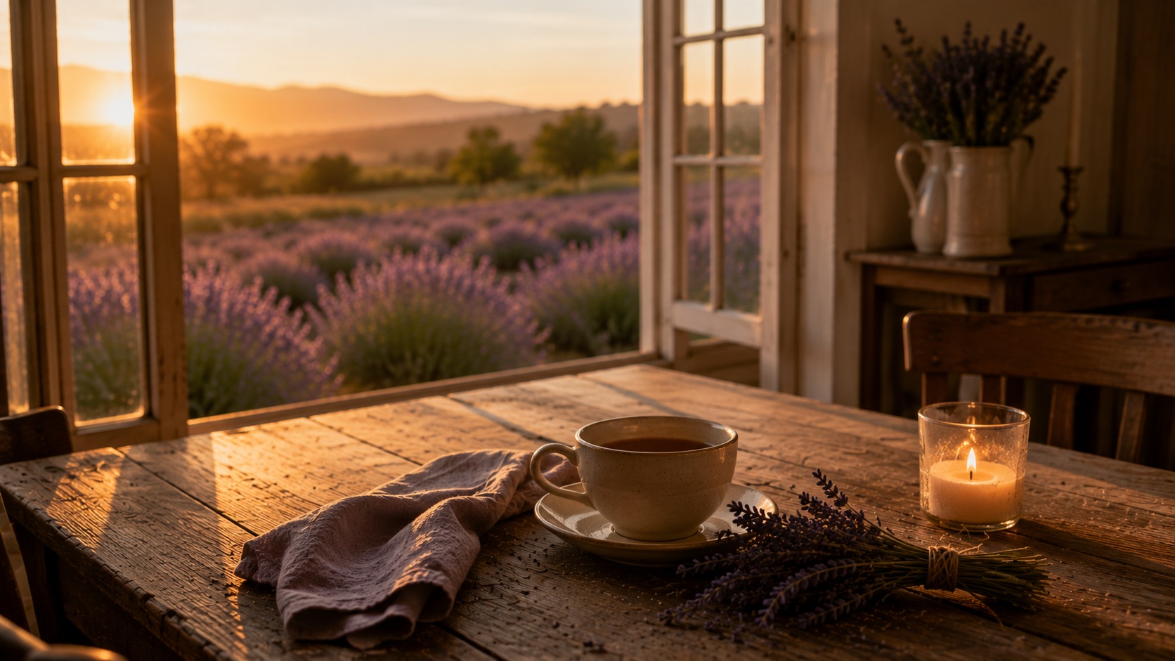 A peaceful farmhouse table at sunset with dried lavender, tea, and soft candlelight