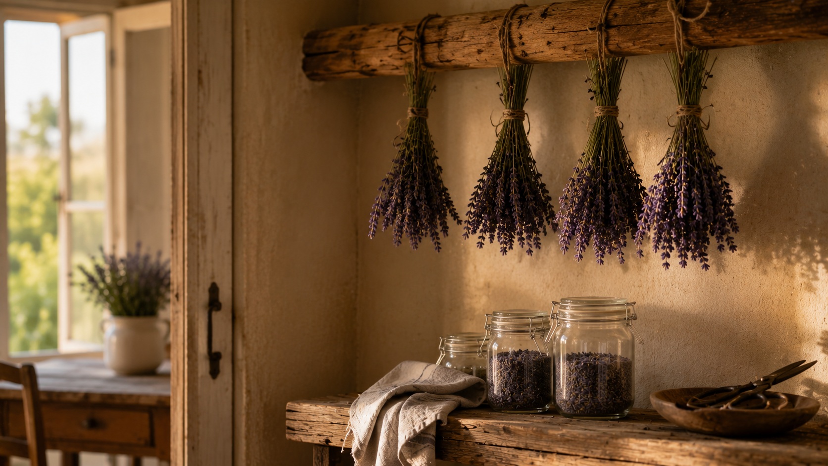 Lavender bundles drying in a quiet farmhouse space