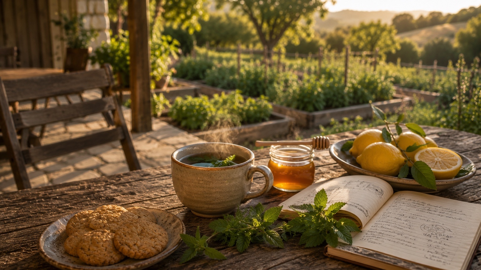 Lemon balm tea, lemons, honey, cookies, and an open recipe notebook on a rustic garden table