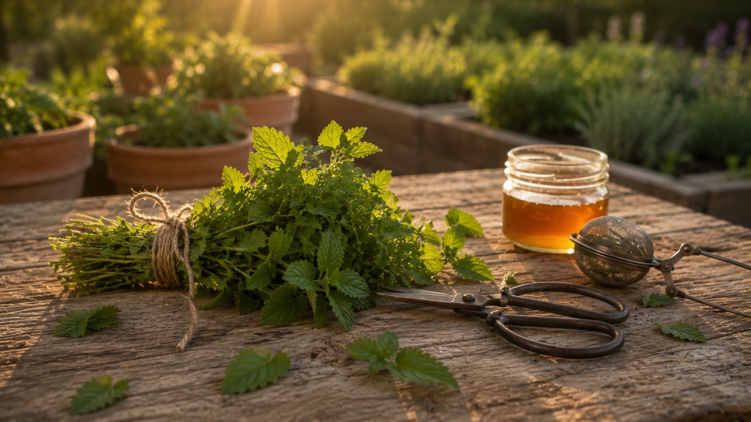 Fresh lemon balm stems tied with twine beside antique scissors, honey, and a tea infuser on weathered wood