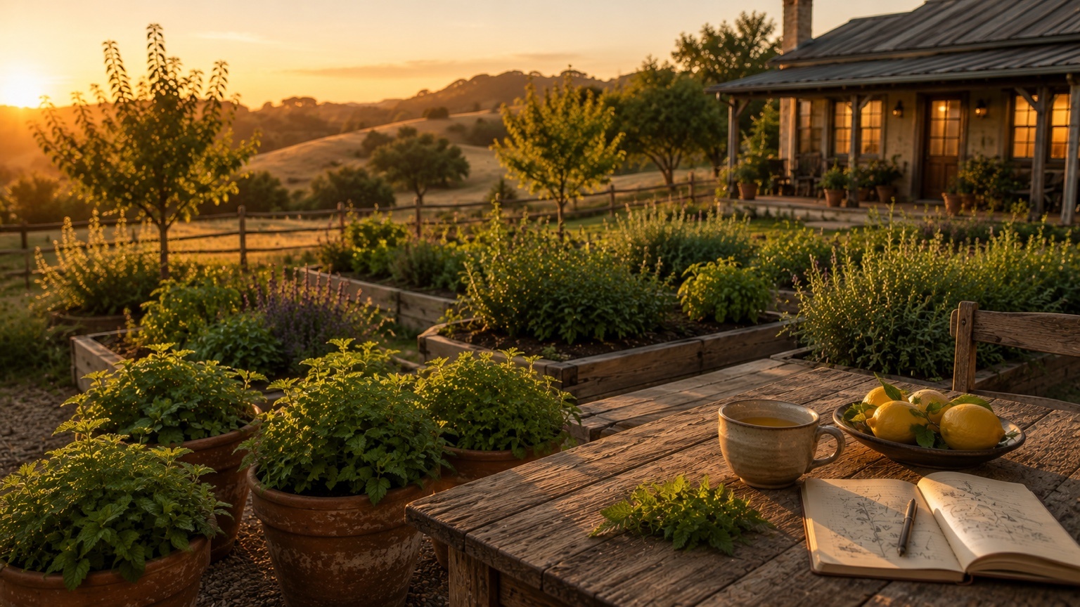 A golden-hour garden with lemon balm containers, raised beds, a rustic table, tea, lemons, and an open notebook