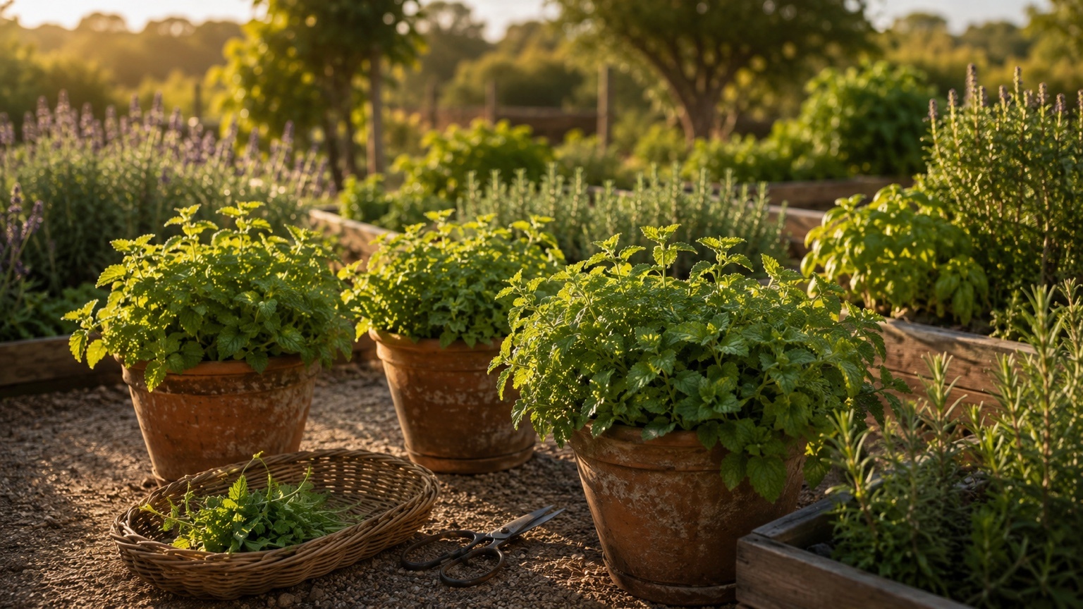 Three lemon balm plants growing in terracotta containers beside raised herb beds in warm garden light