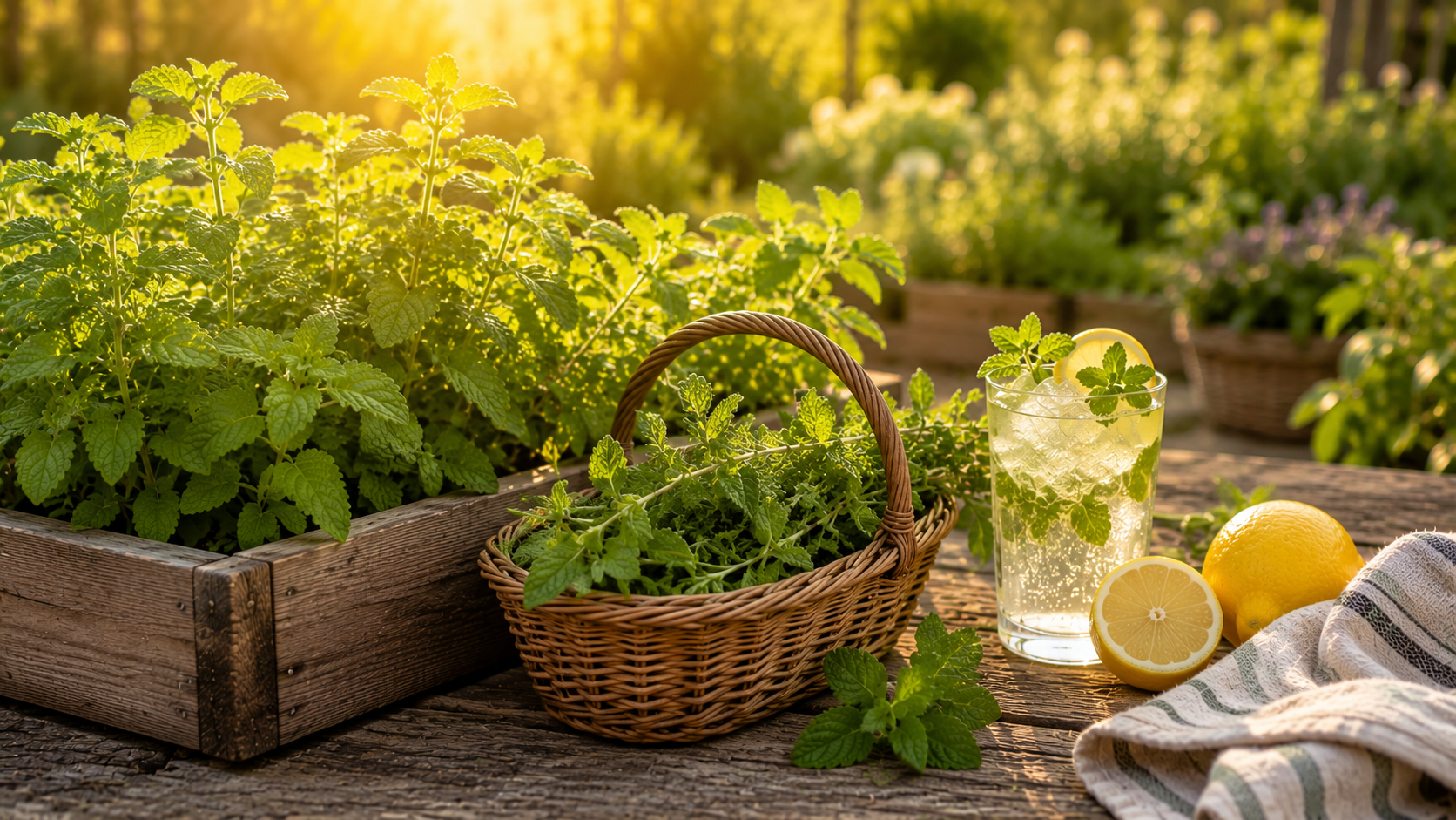 Lemon balm growing in a peaceful herb garden.