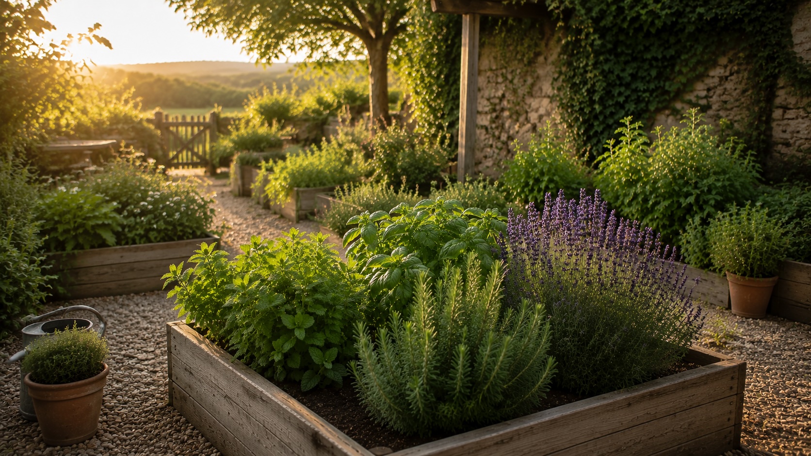 Mint, basil, rosemary, and lavender growing together in a summer garden