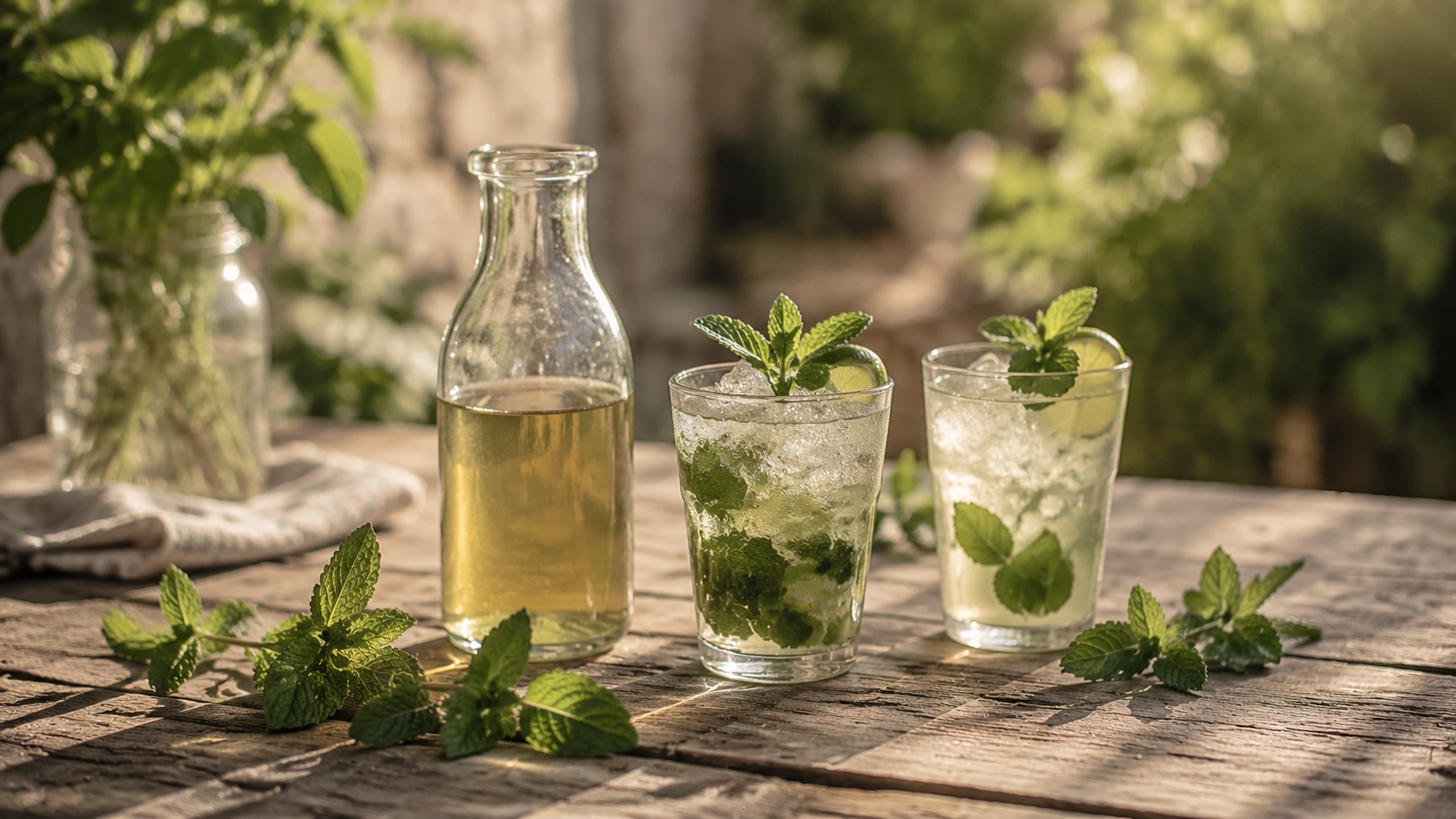 Mint simple syrup, a garden mojito, and sparkling mint limeade on a rustic table