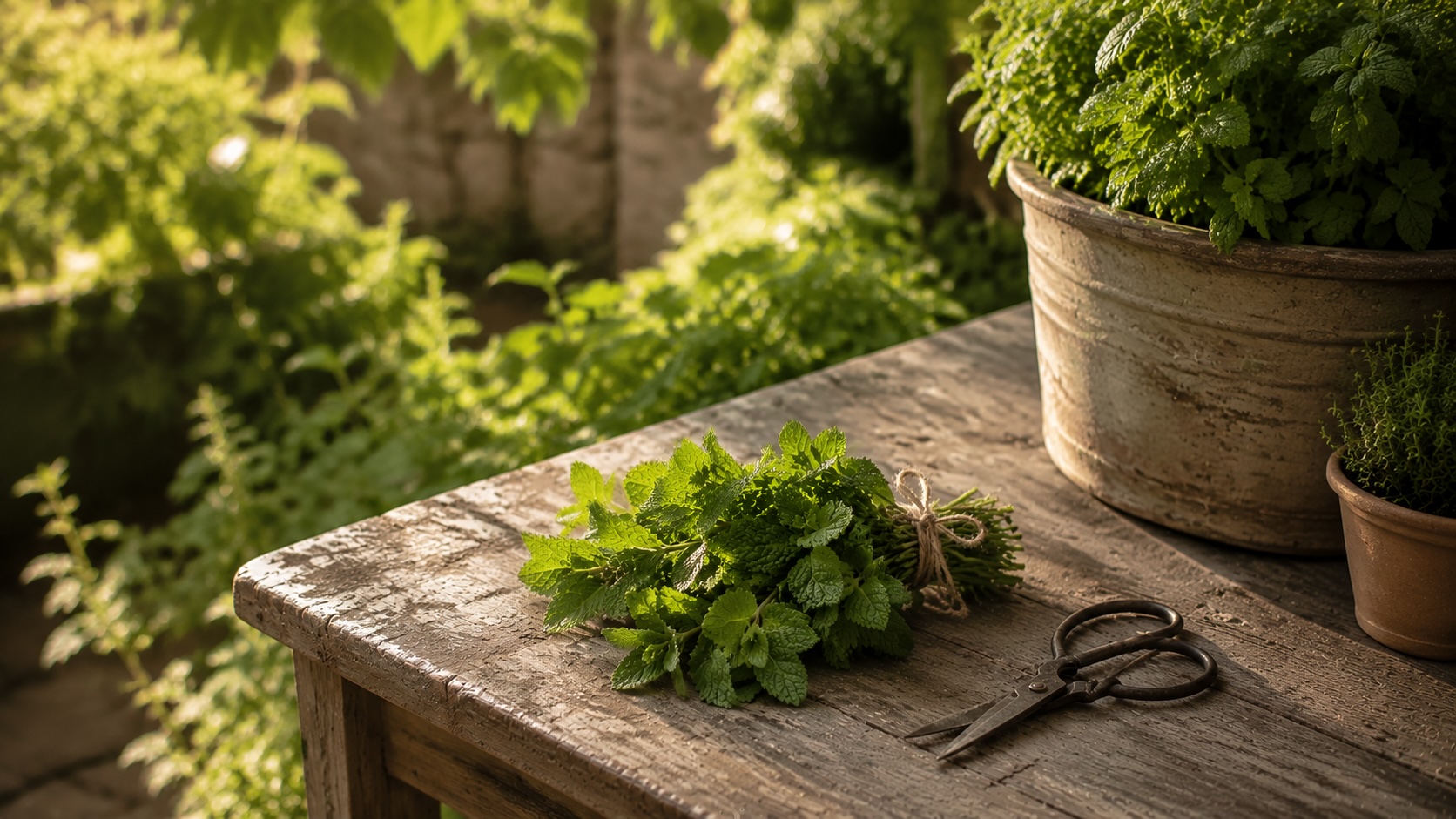 Freshly harvested mint bundled with twine beside garden shears