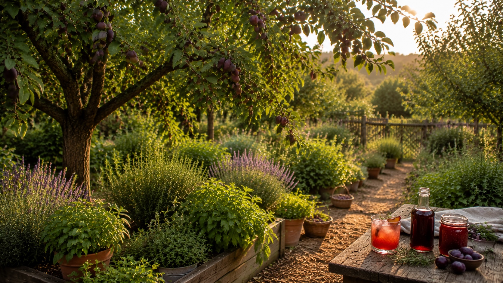 Summer herb garden growing beneath a plum tree with drinks on a rustic table