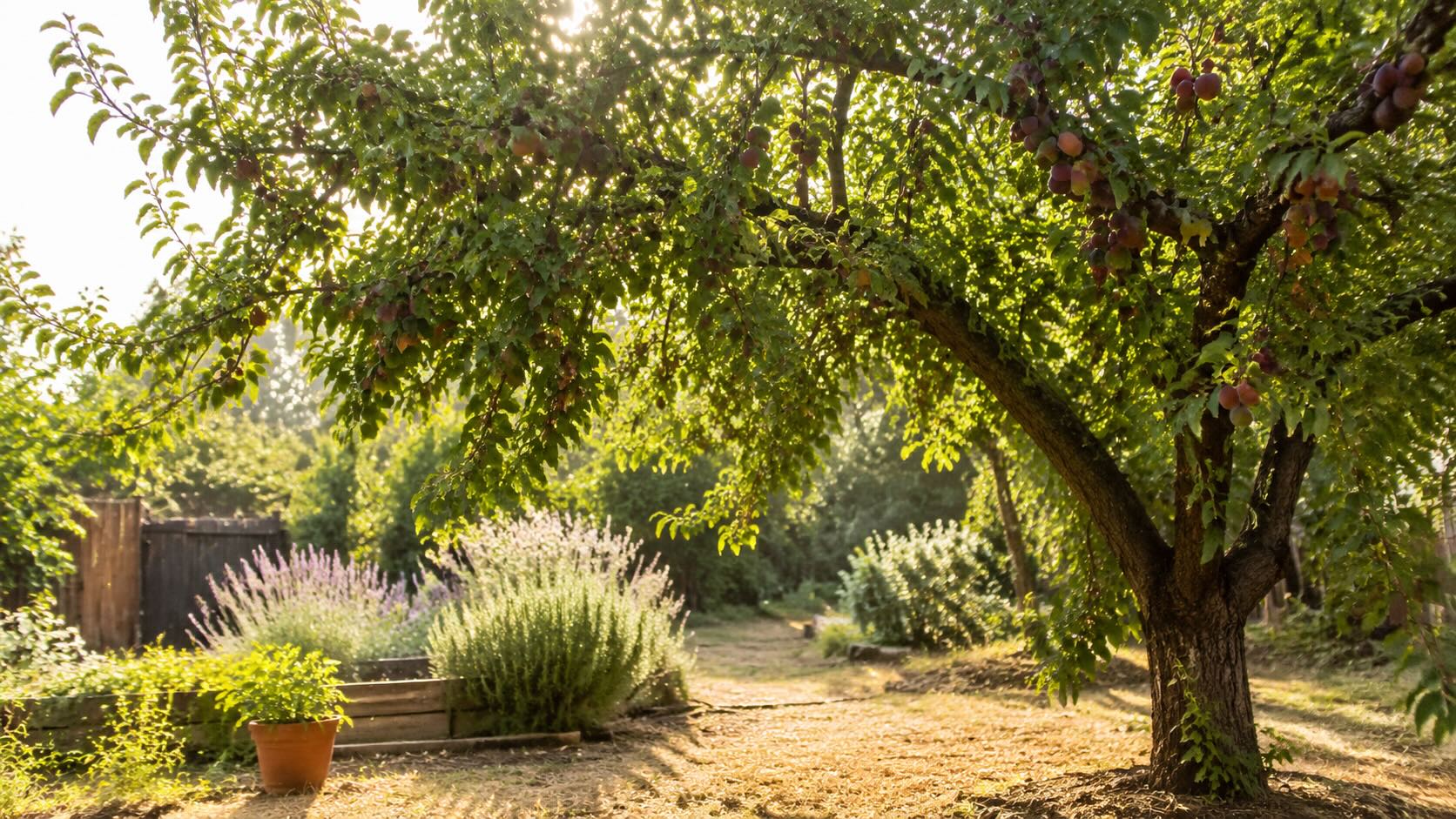 Ripe plums growing on a sunlit tree