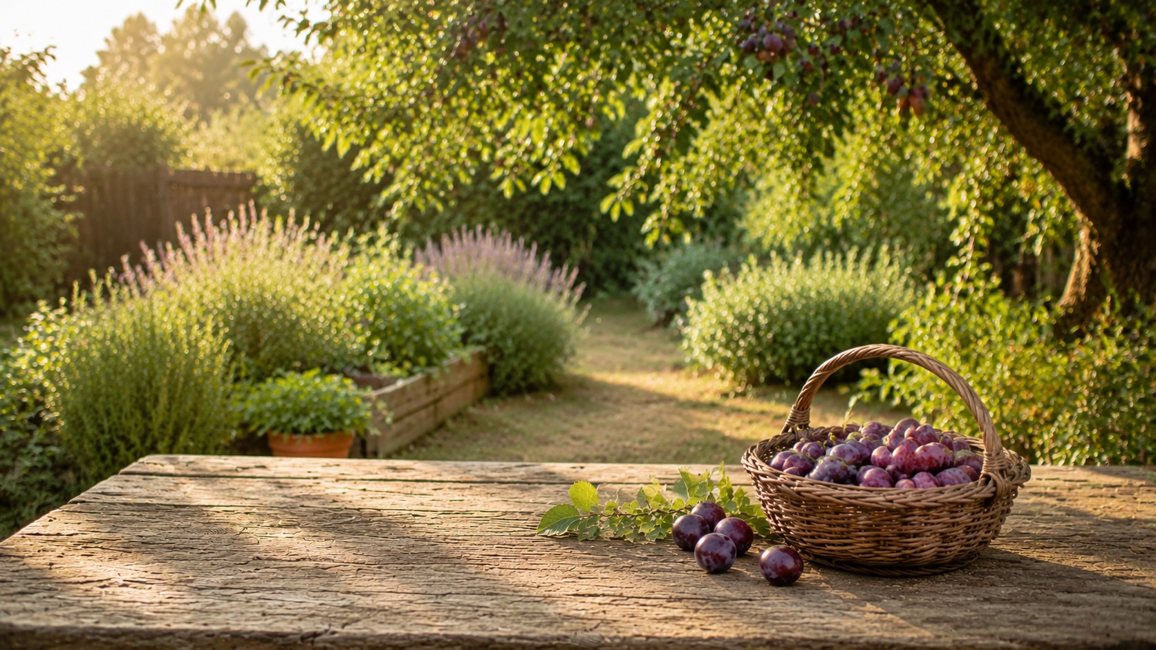 Rustic basket of fresh plums resting on weathered wood in the orchard