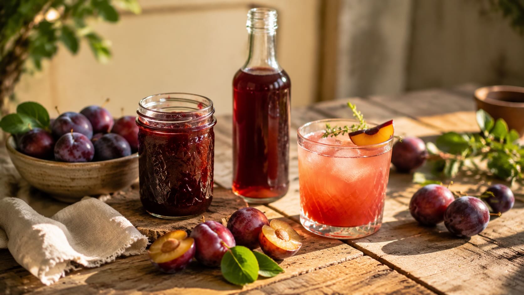 Plum jam, plum simple syrup, and a Plum Bourbon Sour arranged on a rustic table
