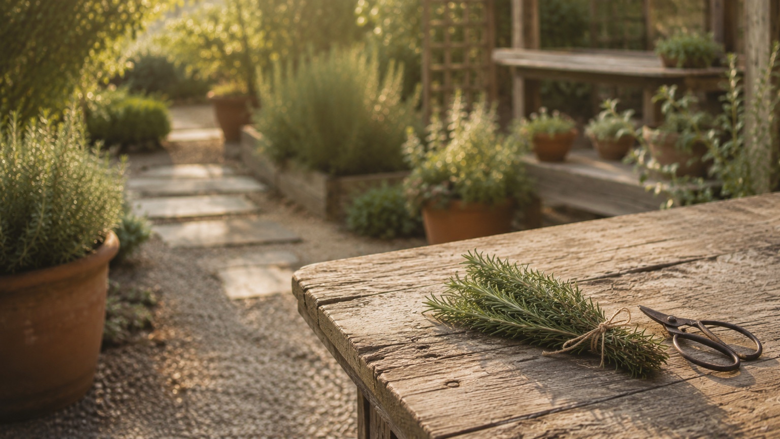 Fresh rosemary stems bundled with garden twine on weathered wood beside vintage pruning shears with a soft garden path in the background