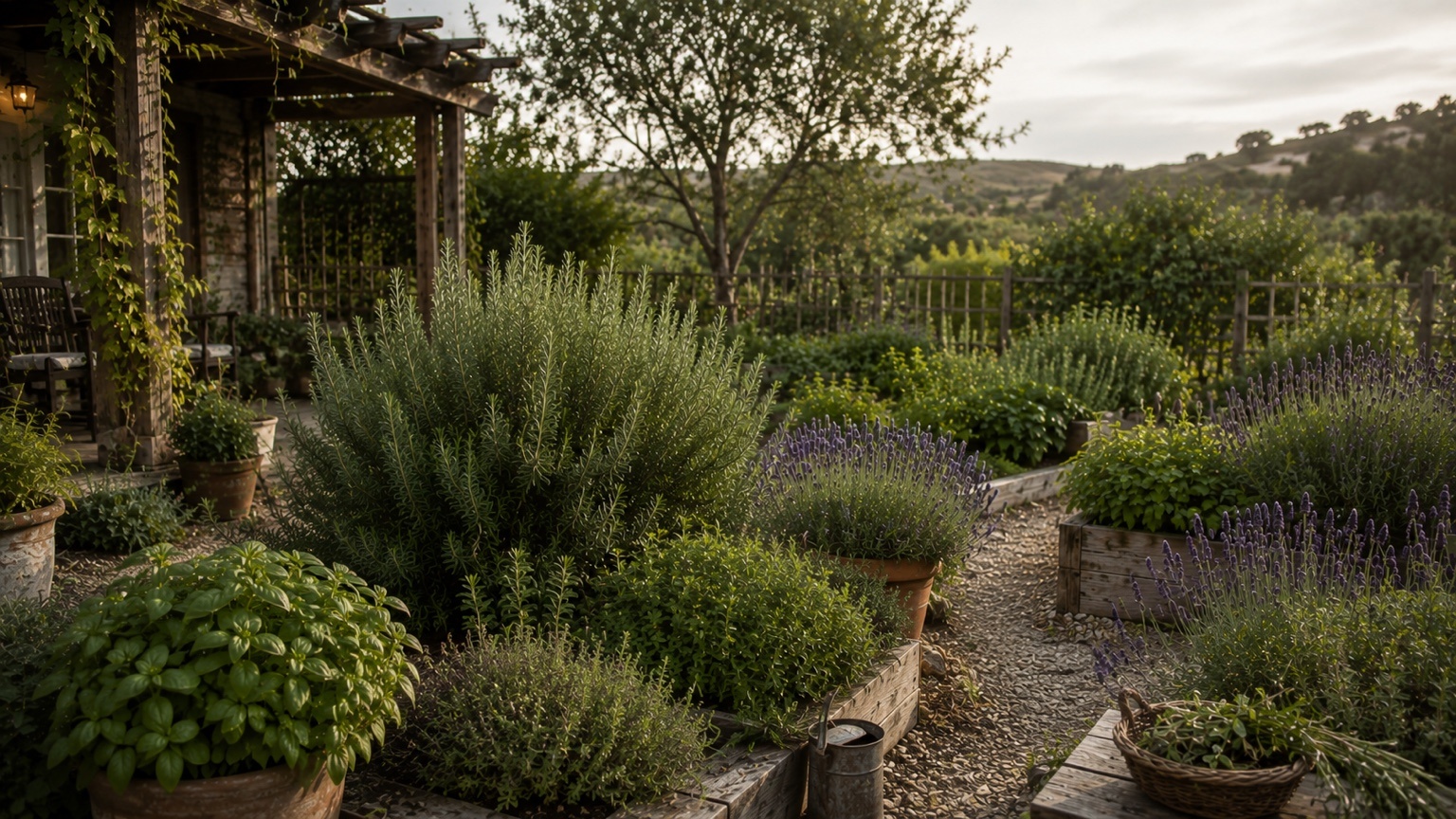 Expansive Northern California backyard herb garden with rosemary, basil, lavender, mint, thyme, raised beds, rustic paths, and a peaceful porch