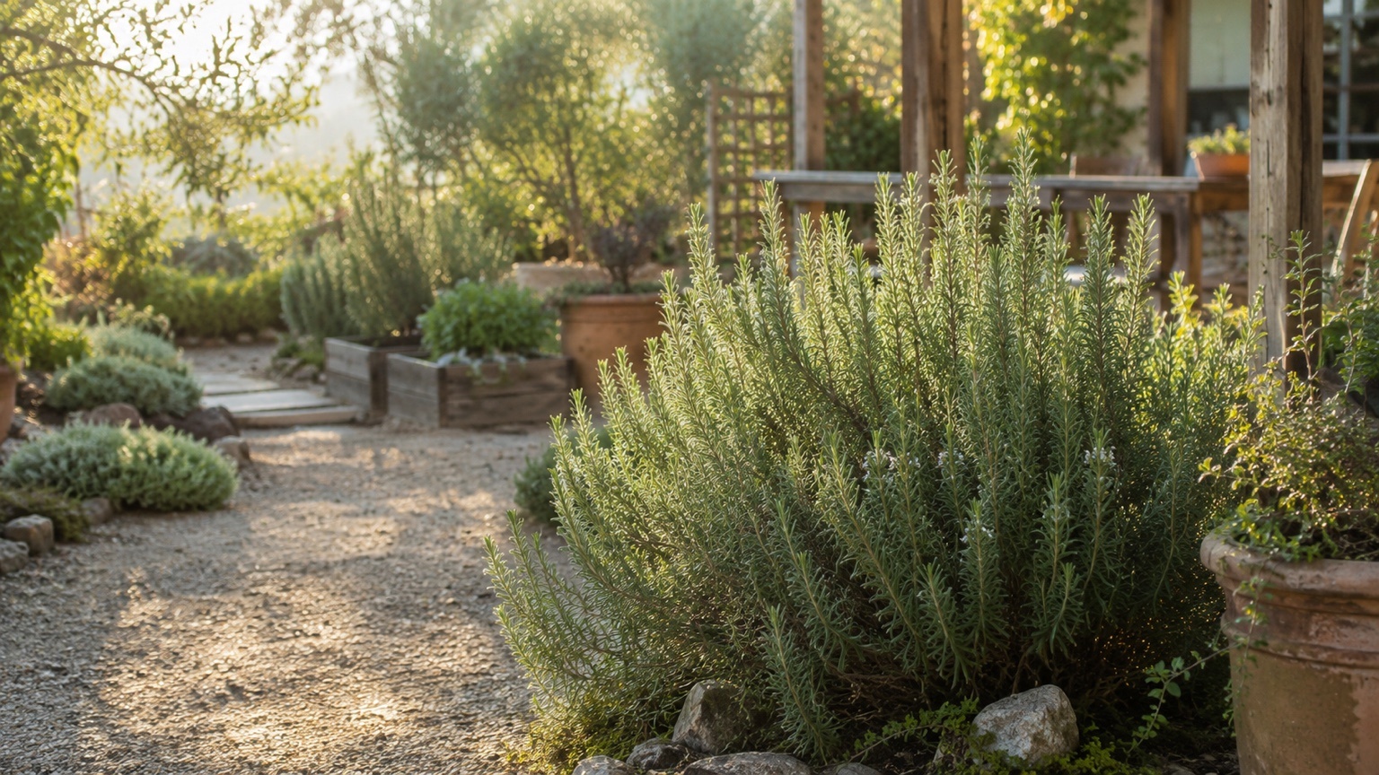 Mature rosemary shrub growing beside a rustic backyard patio with terracotta pots, gravel paths, and raised garden beds