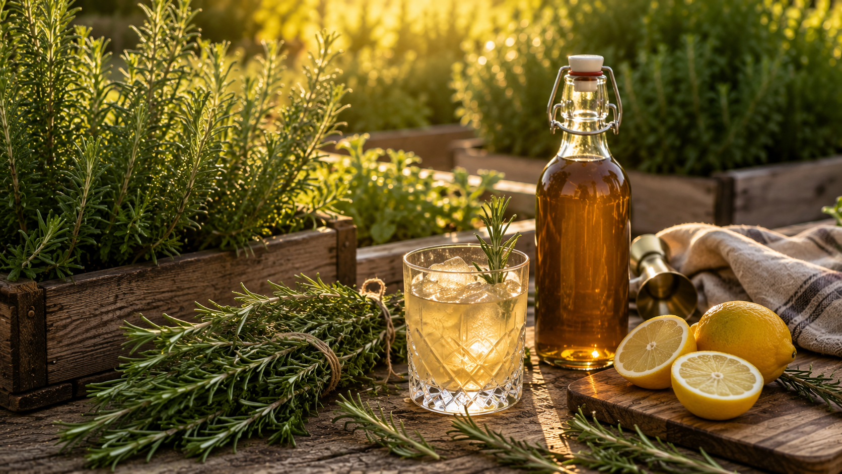 Fresh rosemary growing in a garden-to-glass herb bed