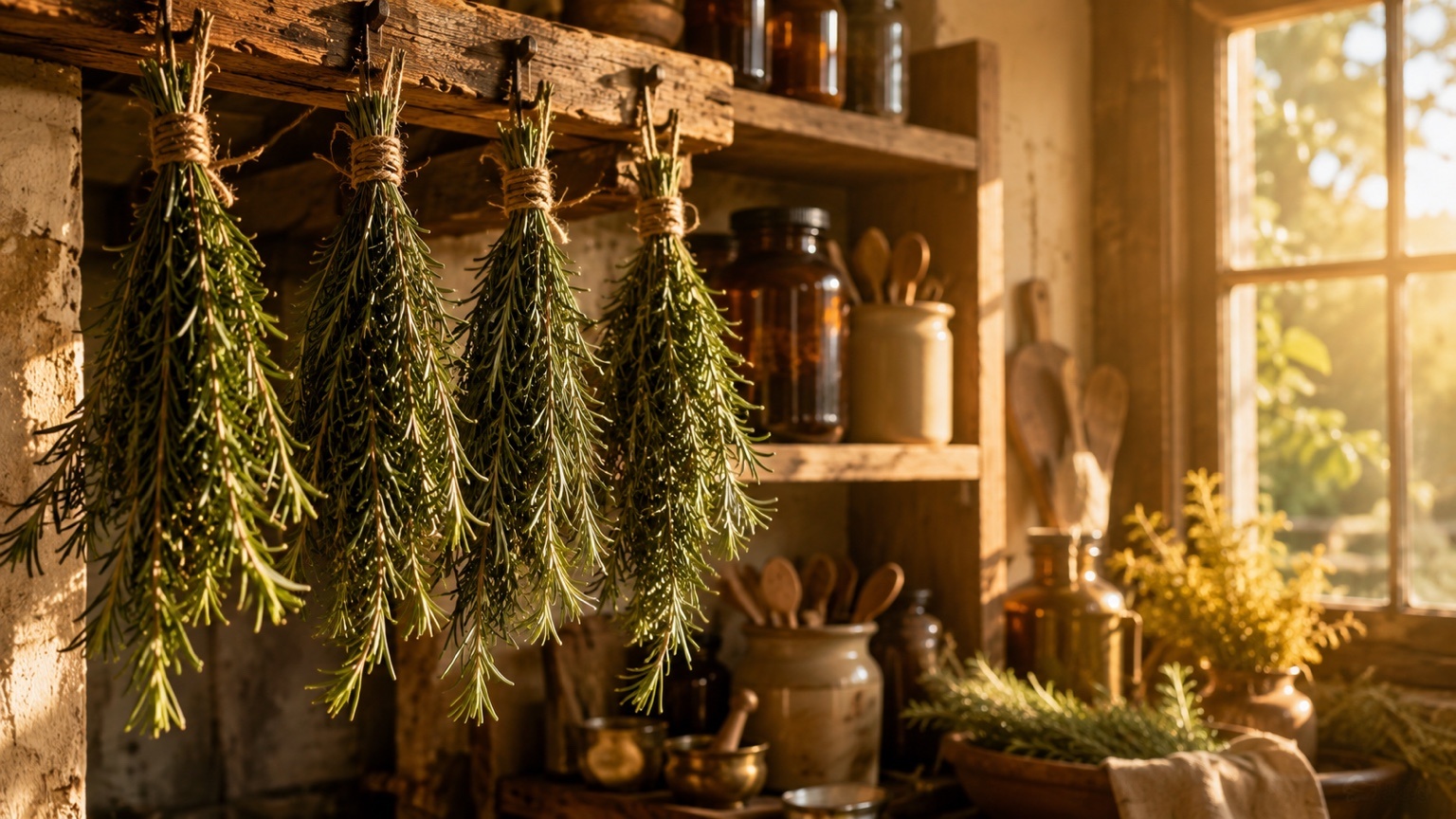 Small bundles of rosemary tied with twine and drying from a rustic wooden beam near pantry shelves