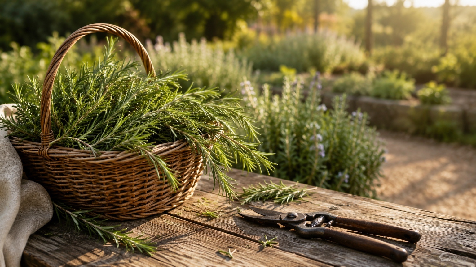 Fresh rosemary stems with garden shears on a rustic table