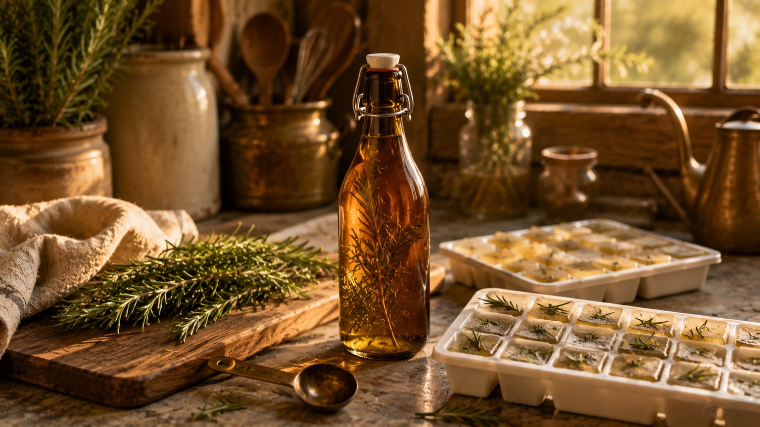 Rosemary simple syrup in a glass jar with fresh rosemary nearby