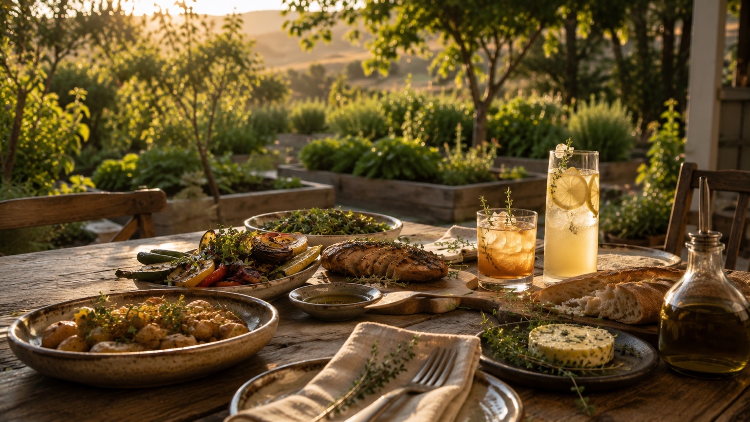 Fresh thyme, roasted vegetables, bread, compound butter, lemon drinks, and simple glasses arranged on a rustic table
