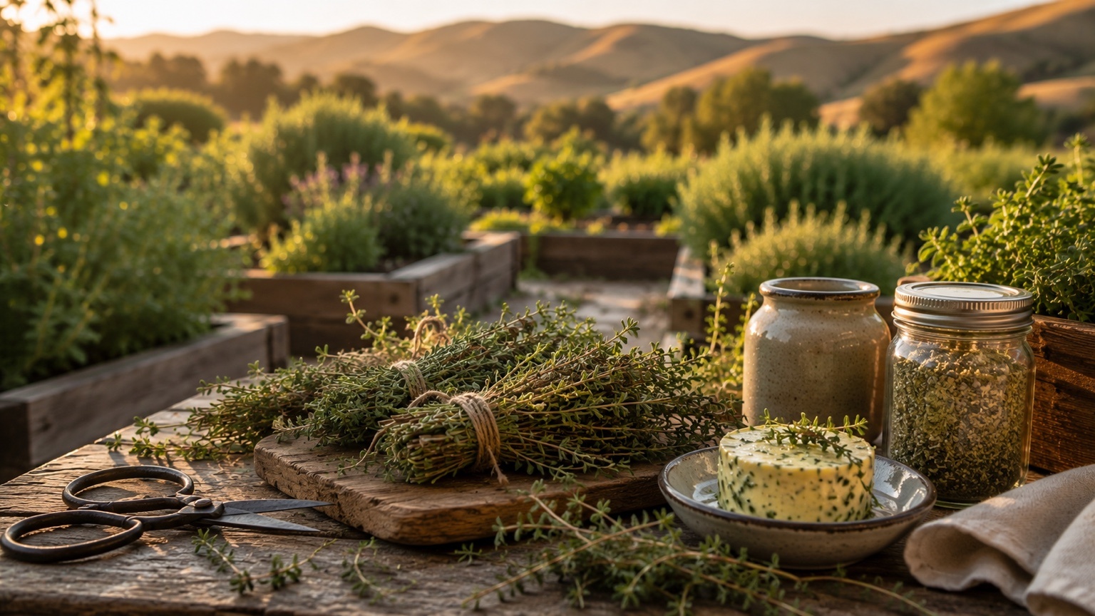 Fresh thyme bundles tied with twine on weathered wood beside antique scissors, terracotta pots, and scattered herb stems