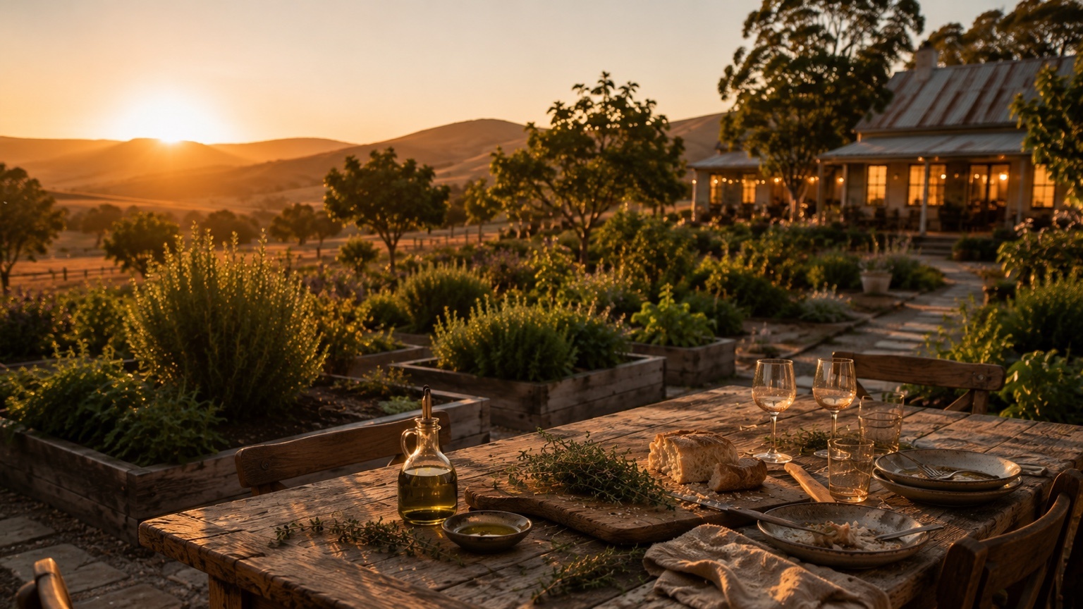A quiet rustic table beside thyme, raised herb beds, fruit trees, and golden hills at sunset