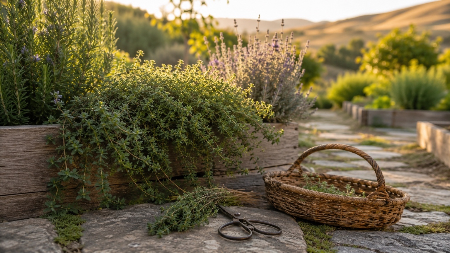 Fresh thyme growing beside rustic raised beds with garden shears, a woven basket, and warm morning light