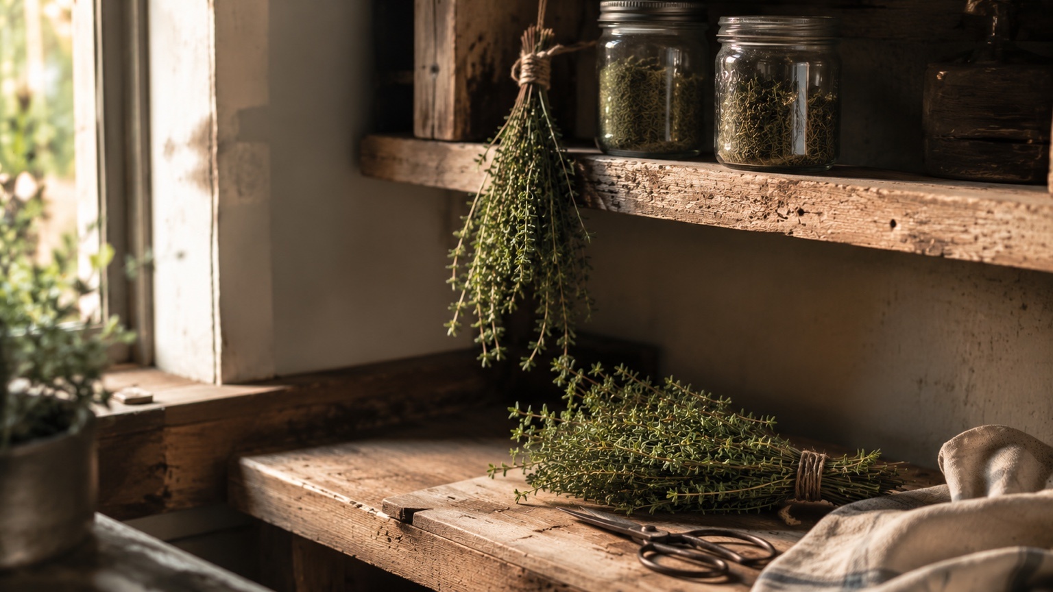 A warm kitchen scene with simmering soup, bread, and fresh thyme