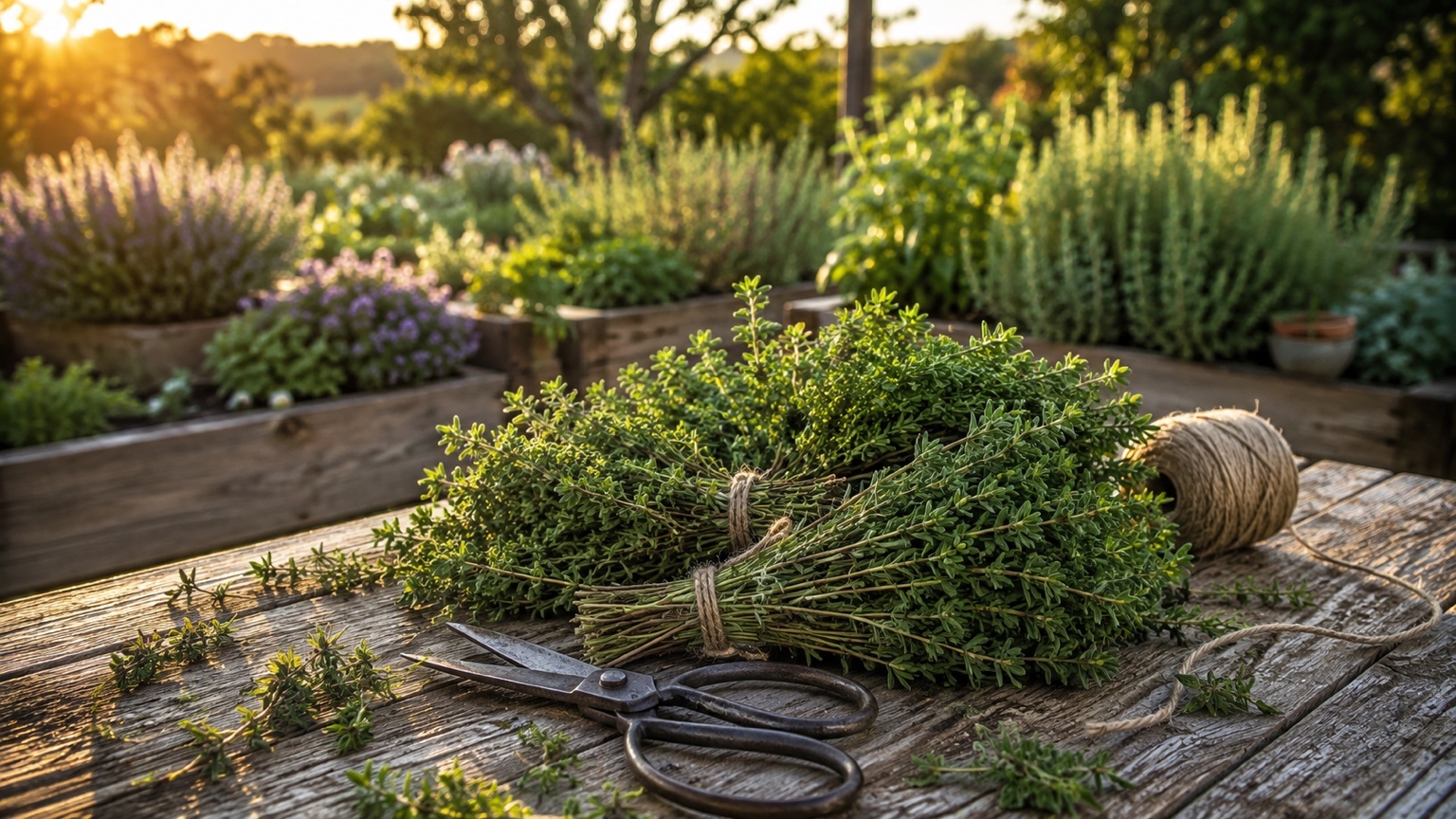 Freshly harvested thyme bundles from the garden
