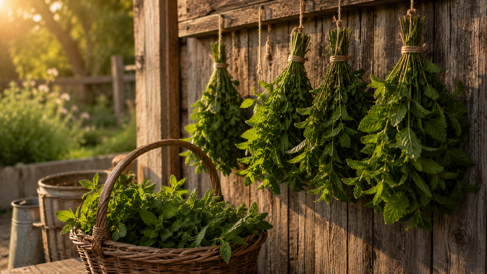 Fresh mint being harvested and preserved from the garden