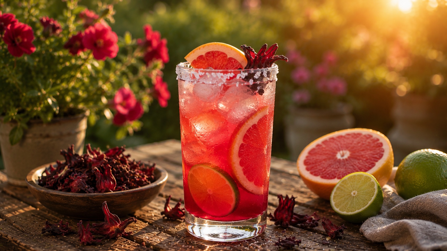 A Hibiscus Paloma in a tall glass with a deep pink hue from dried hibiscus and fresh grapefruit