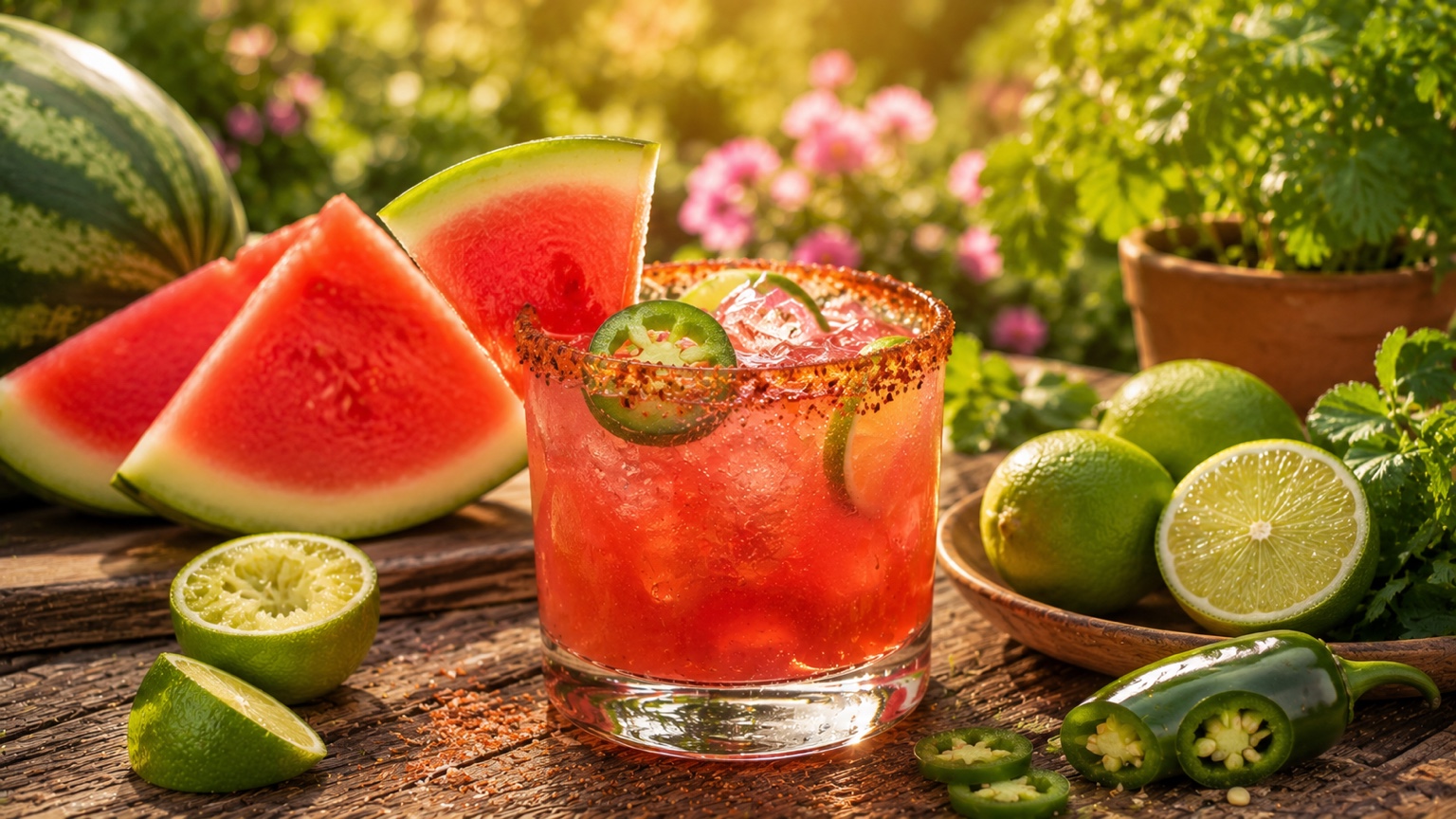 A Jalapeno Watermelon Margarita in a salt-rimmed glass with a watermelon wedge and jalapeno slice